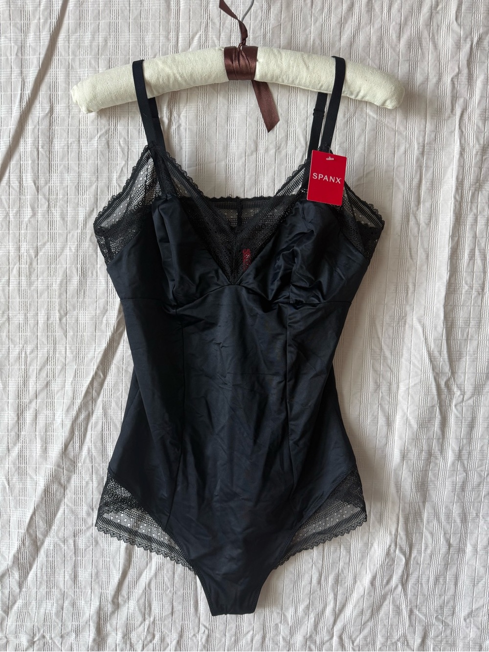 Spanx Spotlight On Thong Bodysuit Black Lace Satin Look Shapewear Sz XL NWT